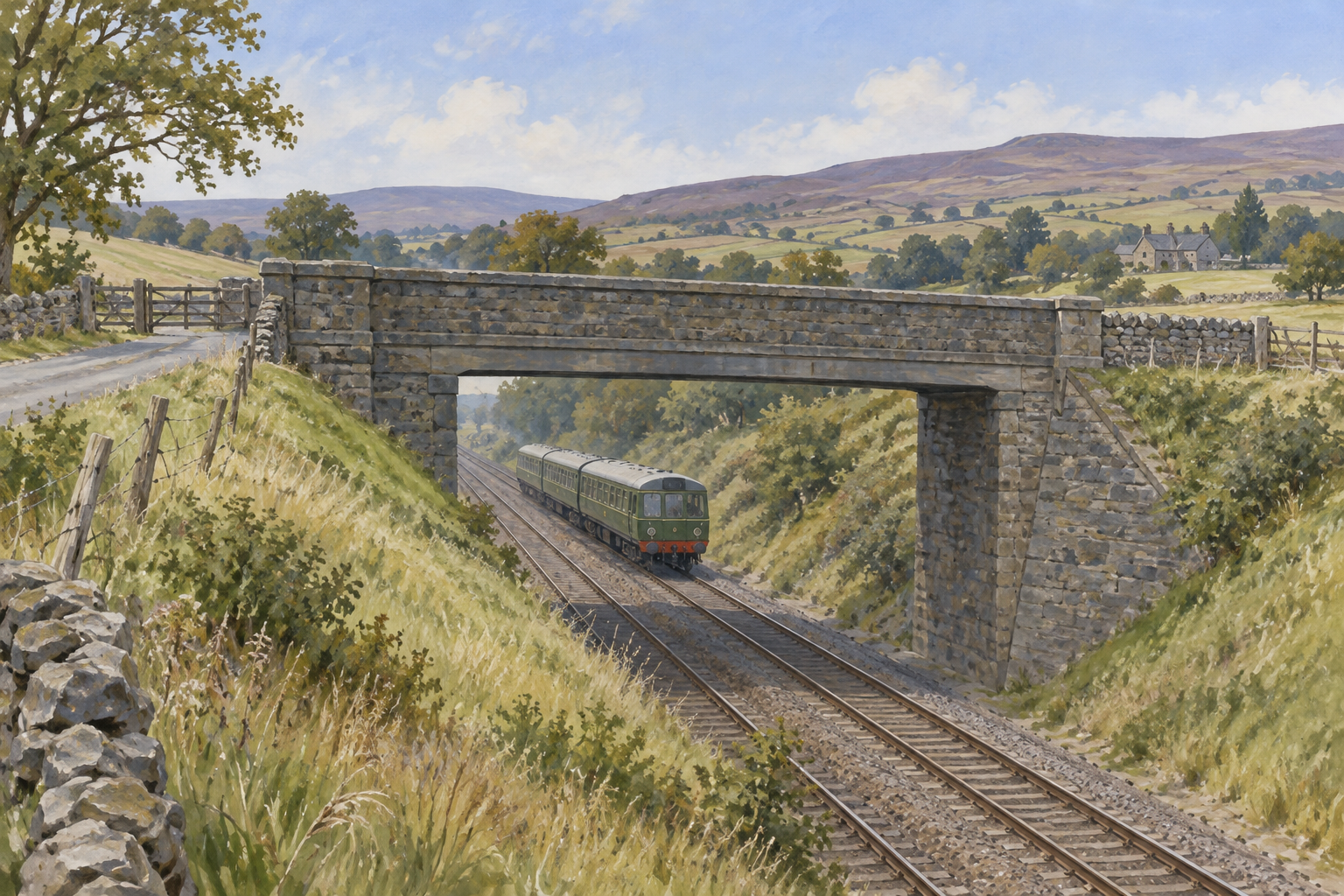 Artist's impression of the masonry overbridge near Heriot with a green diesel multiple unit passing beneath