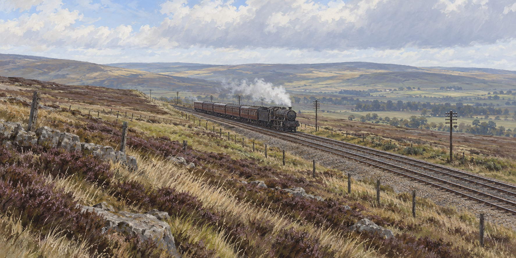 Artist's impression of a steam passenger train climbing through the open upland at Falahill