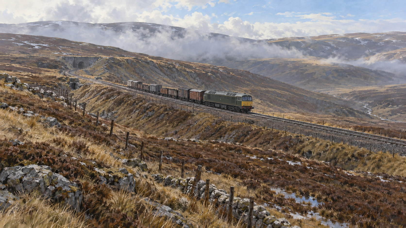 Artist's impression of a green diesel goods train approaching Whitrope Summit near the tunnel