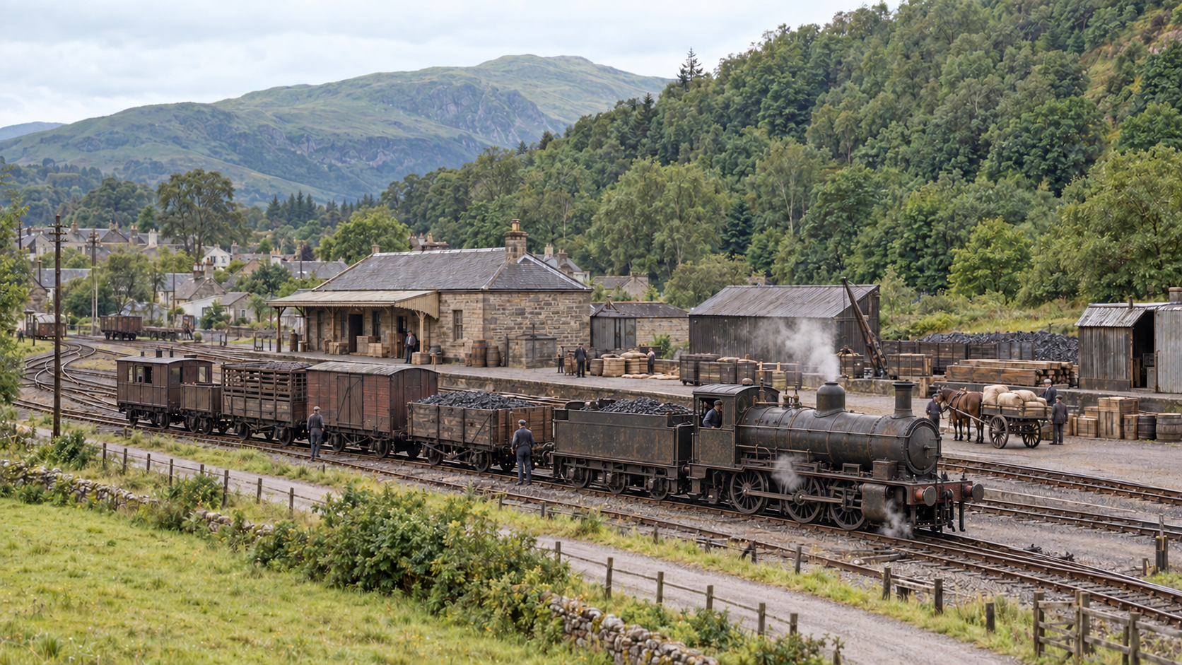 Interpretive reconstruction of Callander goods station around 1922 with a Caledonian 0-6-0 tender locomotive shunting coal, cattle and merchandise wagons