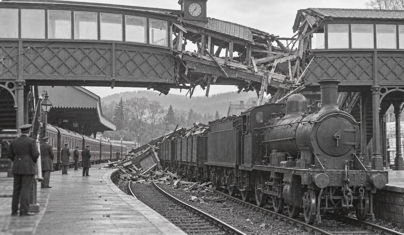 Interpretive reconstruction of the aftermath of the 1947 accident at Callander station, with the clock-topped footbridge damaged above a goods train