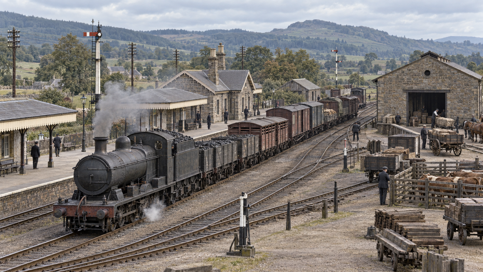 Interpretive reconstruction of a circa-1923 Caledonian 0-6-0 goods train passing Doune's station and enlarged goods yard with coal wagons, livestock wagons and merchandise traffic