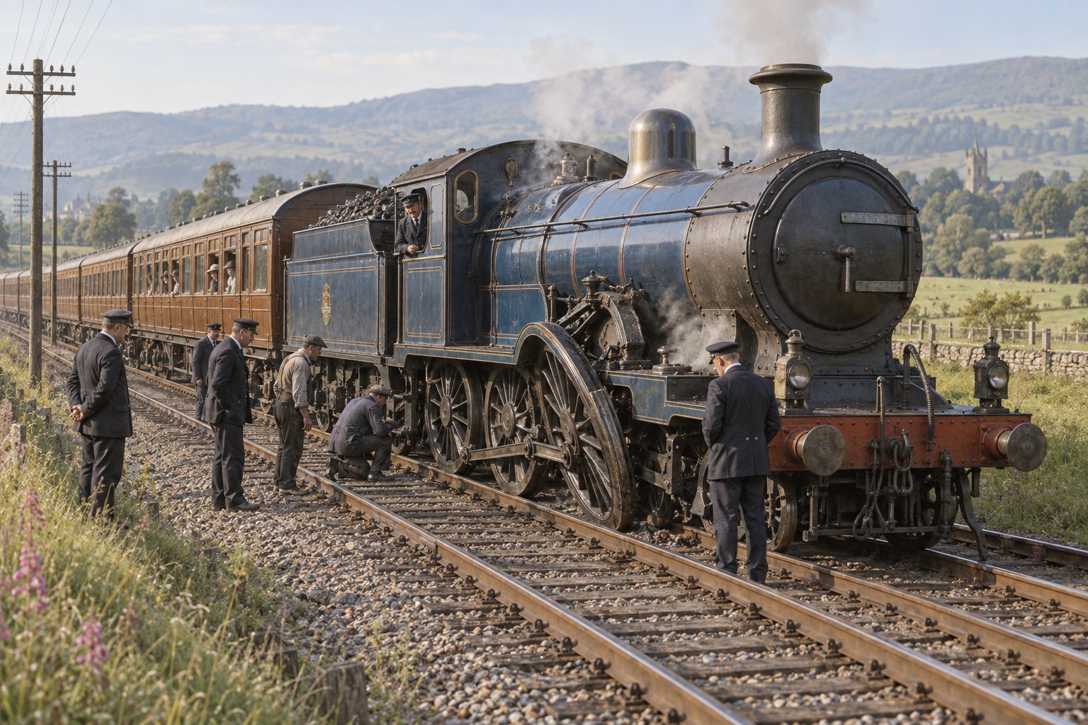 Interpretive reconstruction of the Callander to Stirling passenger train stopped near Dunblane after its driving axle broke in July 1906