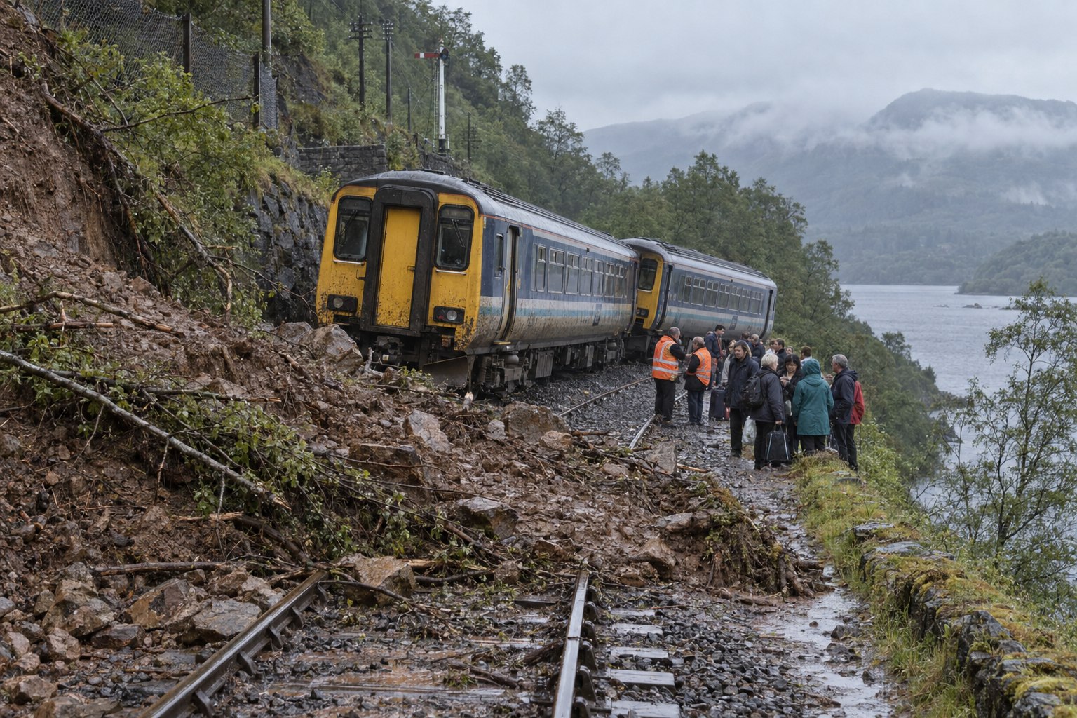 Interpretive reconstruction of an upright two-car Class 156 derailed by a wet landslip east of Falls of Cruachan in May 1997
