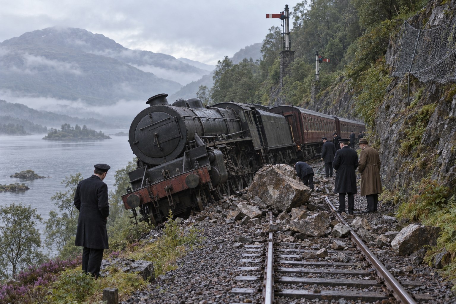 Interpretive reconstruction of the August 1946 Oban to Glasgow train derailed by a boulder in the Pass of Brander beside Loch Awe