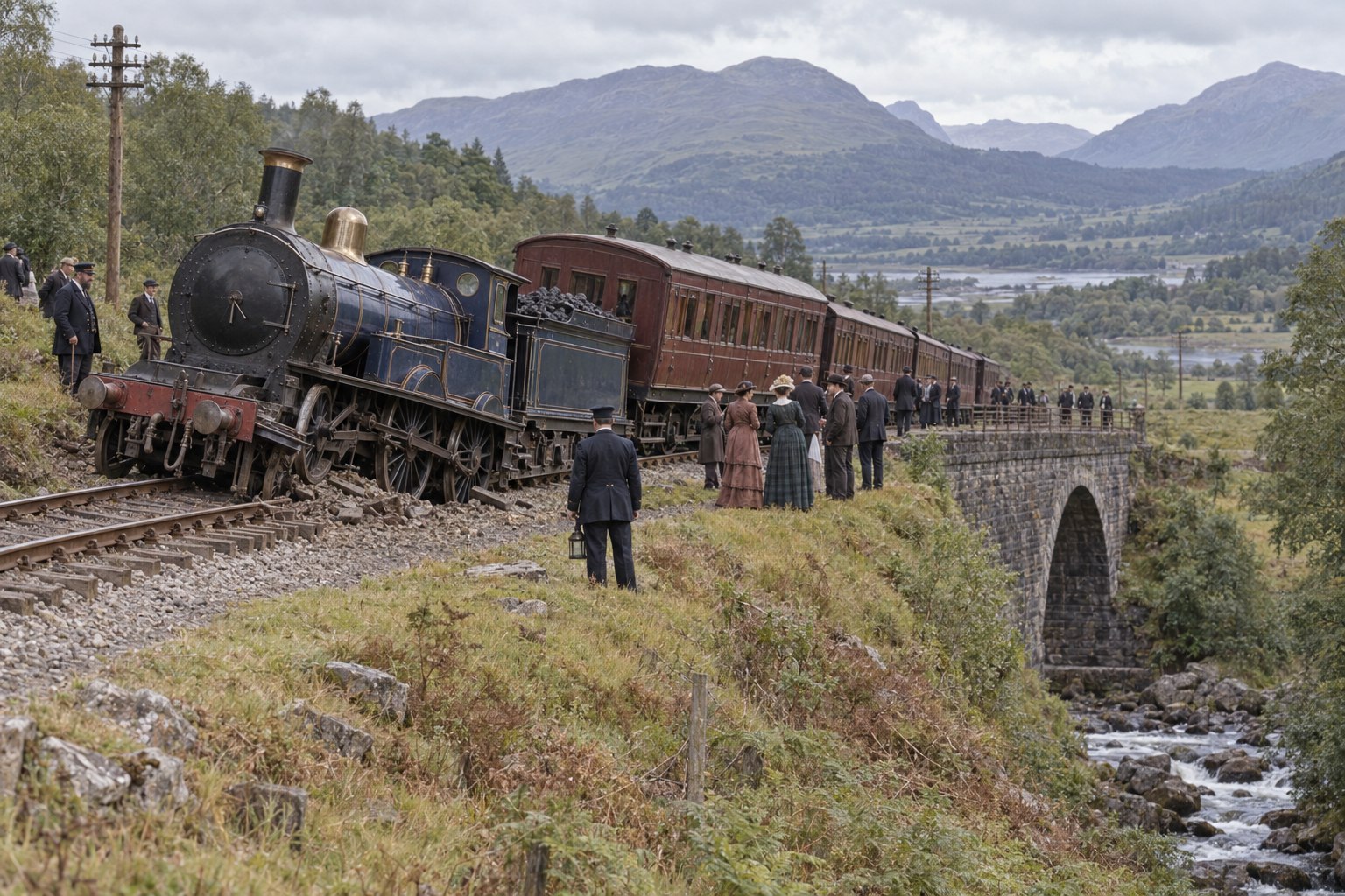 Interpretive reconstruction of an 1886 excursion train derailed beside Succoth Viaduct with a Caledonian Railway Oban Bogie locomotive