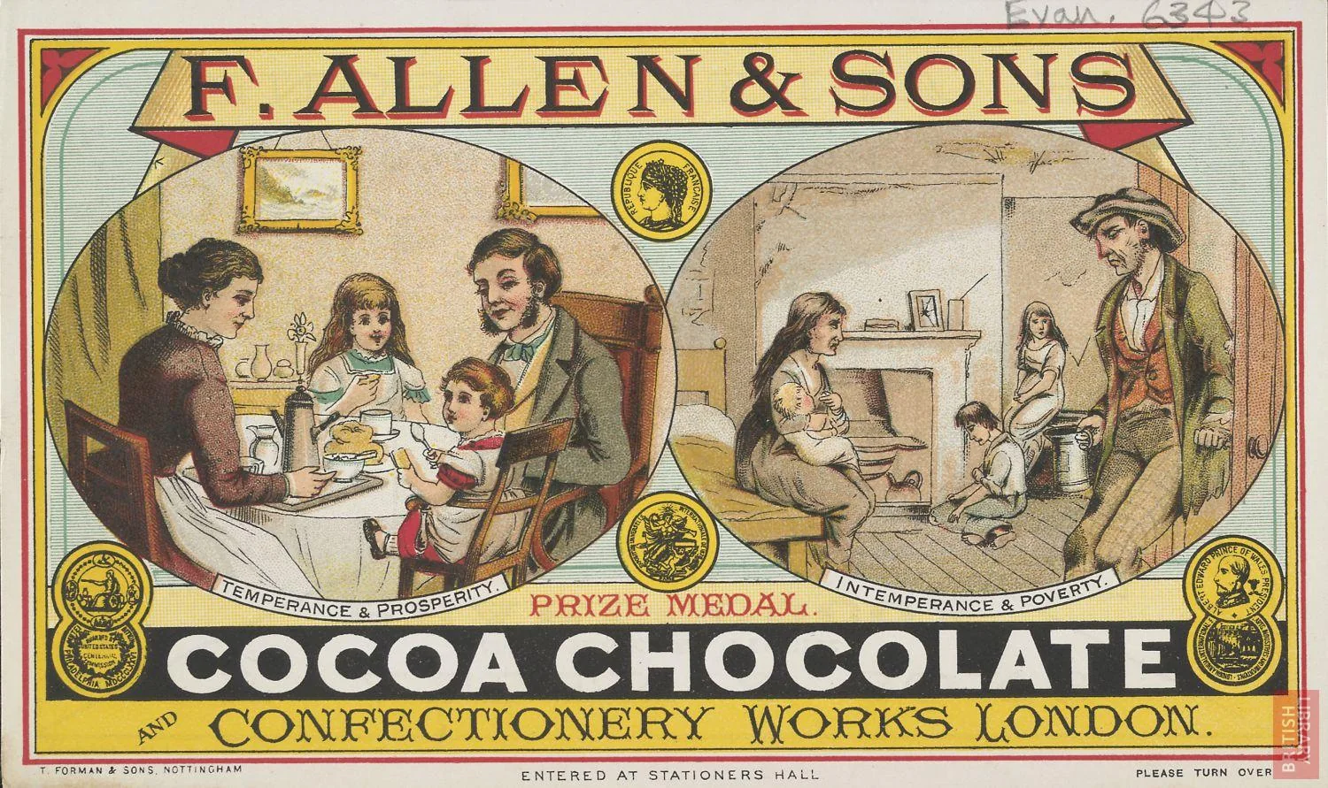 1880 Allen and Sons cocoa advertisement contrasting two households