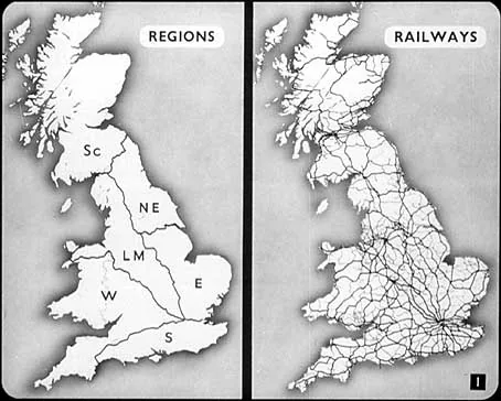 British Railways filmstrip frame showing its regions and national network in 1951