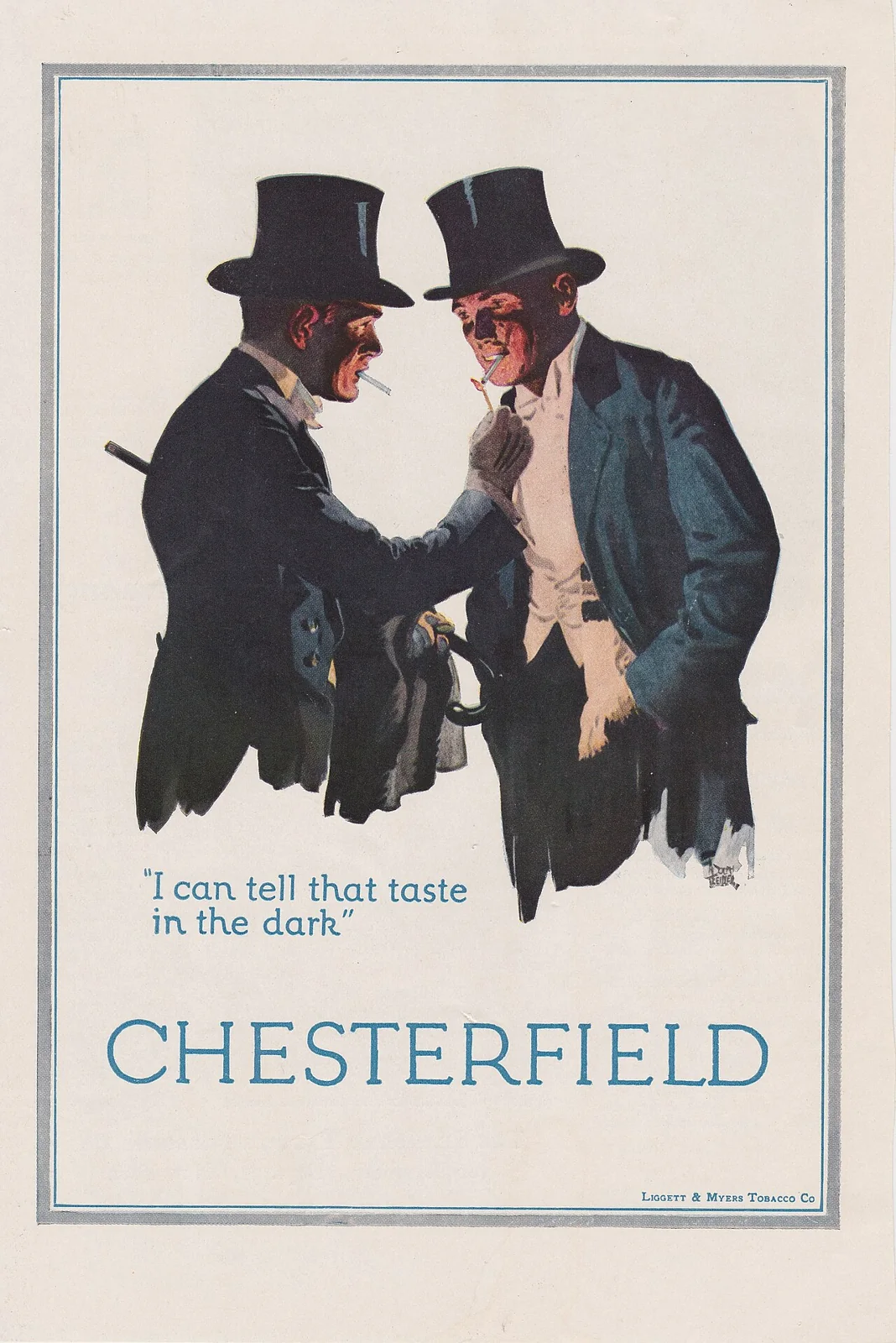 Colour Chesterfield cigarette advertisement from Cosmopolitan in 1929
