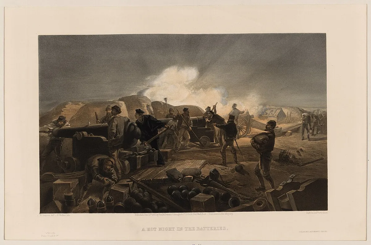1855 colour lithograph titled A Hot Night in the Batteries during the Crimean War