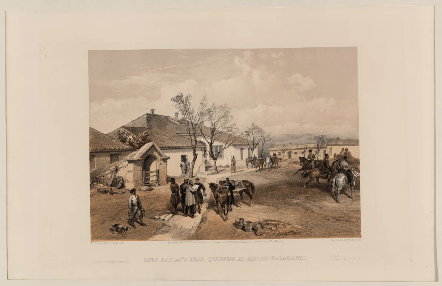 Tinted 1855 lithograph of Lord Raglan's headquarters during the Crimean War
