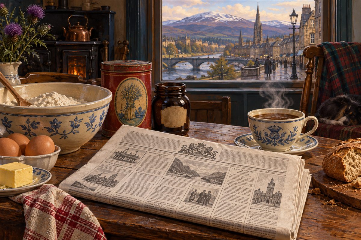 Interpretive illustration for Highland News: Baking Powder, Bovril and Local Notices