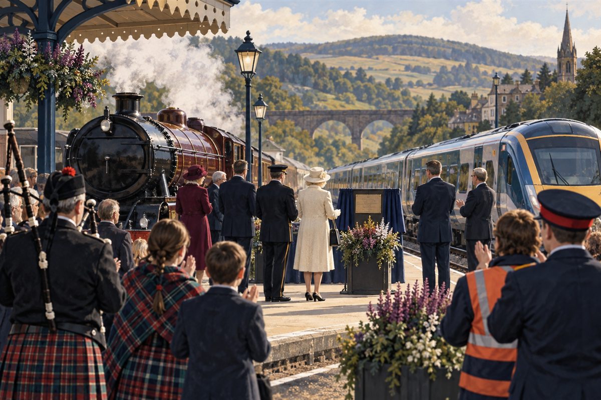 Interpretive artwork of the royal opening of the Borders Railway in 2015