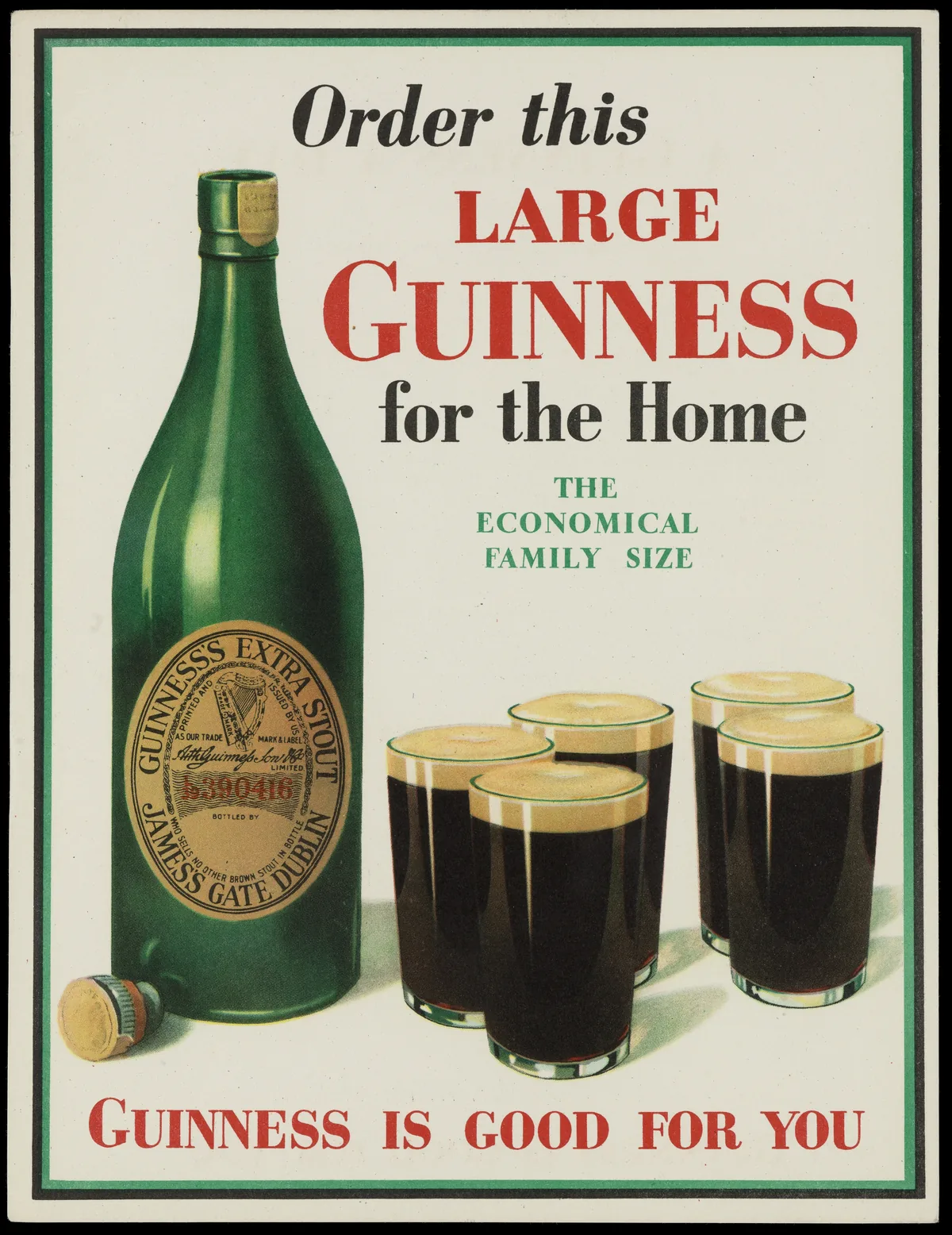 Guinness advertisement from about 1925 promoting a large family-size bottle for the home