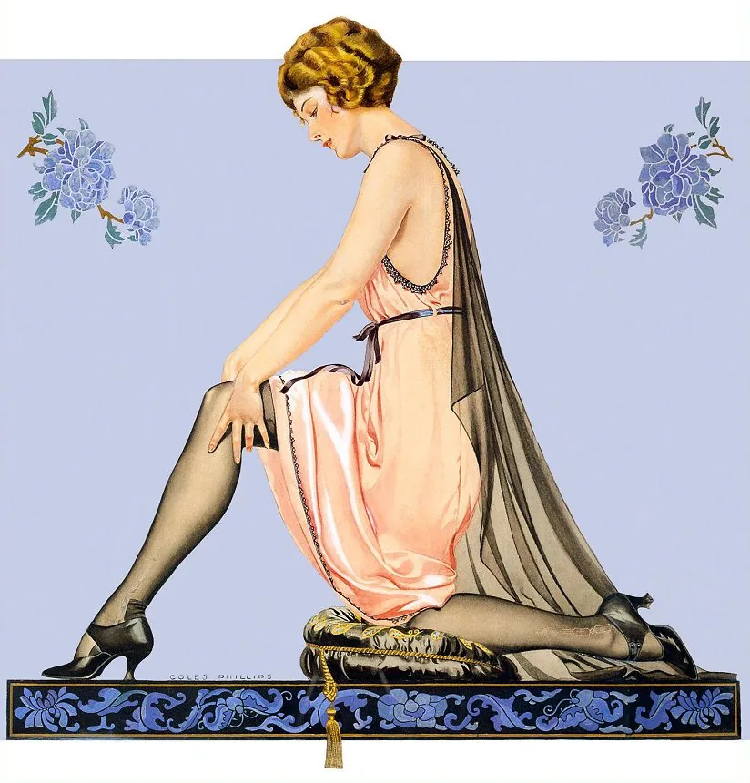 1922 hosiery advertising illustration showing a woman adjusting a stocking
