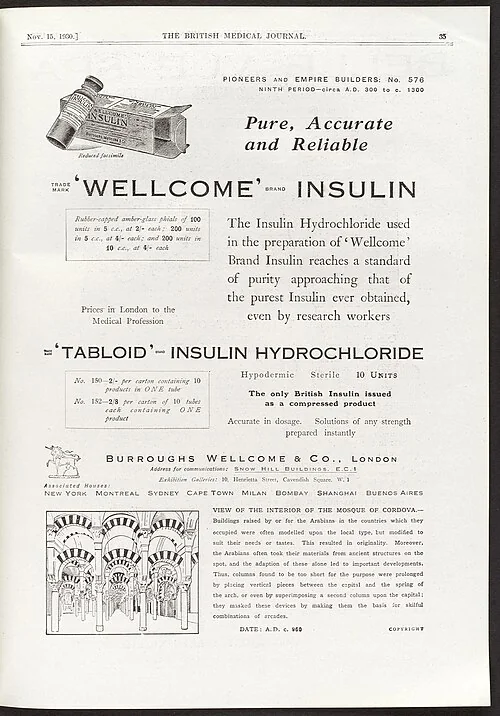 1930 British Medical Journal advertisement for Wellcome insulin