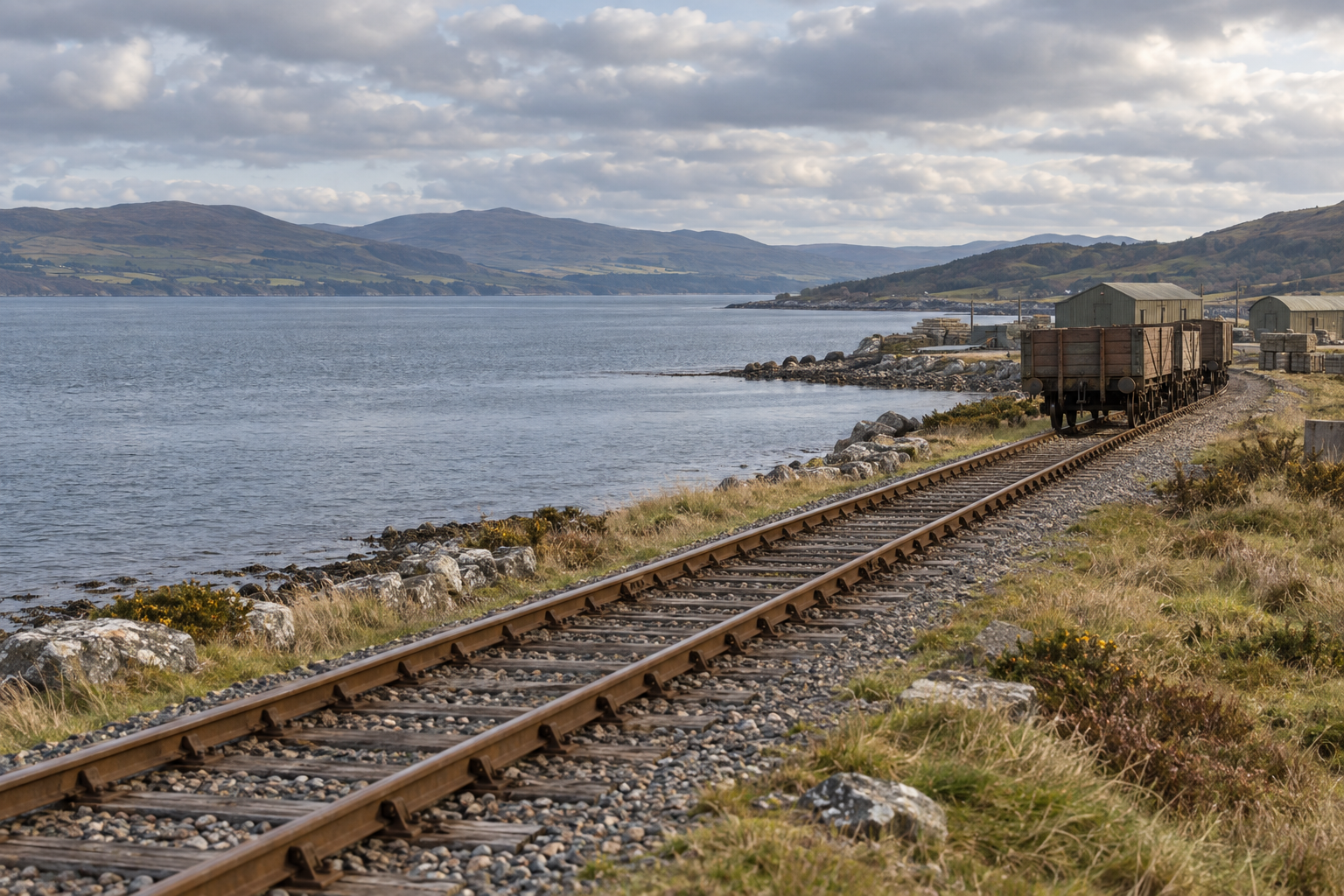 Interpretive reconstruction of the wartime military branch landscape beside Loch Ryan; not a historical photograph, an exact junction layout or a view of its unresolved 1964 state.