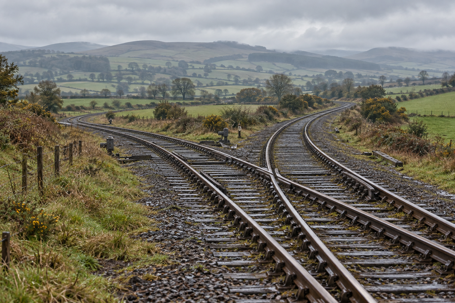 Interpretive reconstruction of the rural meeting of the Girvan and Dumfries routes towards Stranraer; not a historical photograph or an exact track plan.