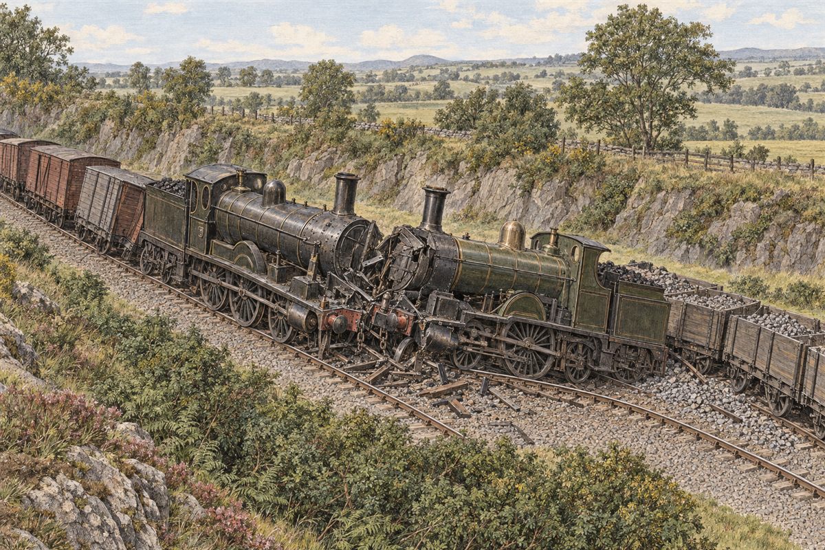 Illustrated reconstruction of the reported 1874 head-on collision west of Dalbeattie