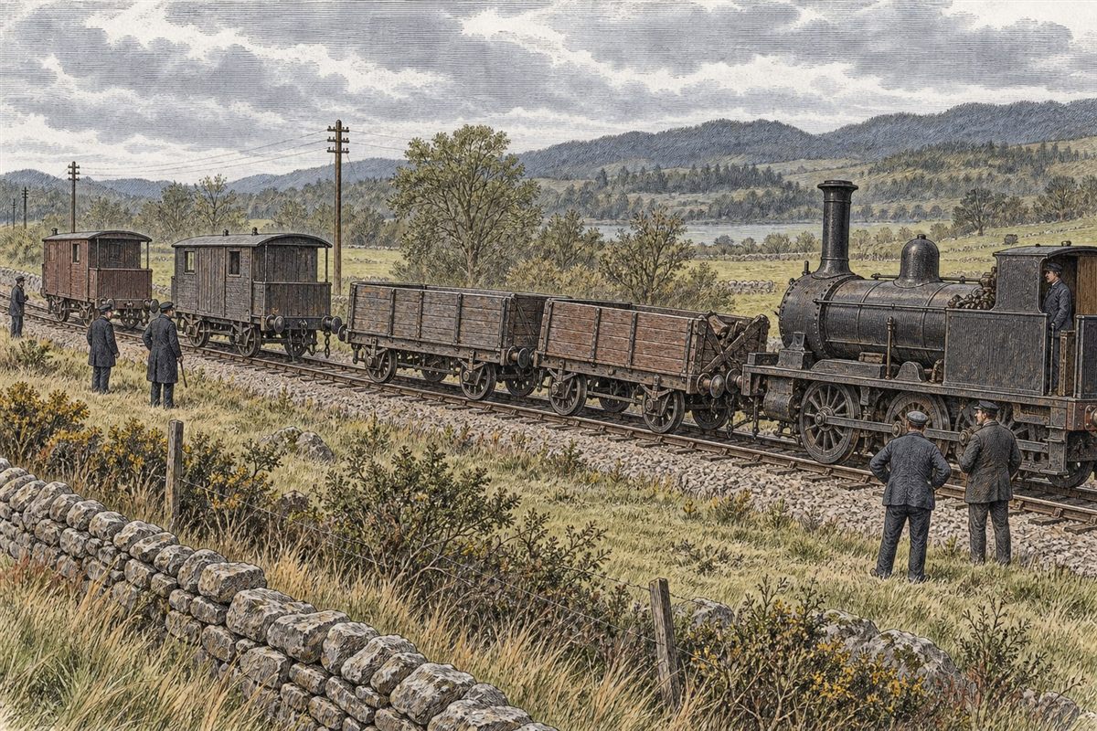 Illustrated reconstruction of the reported 1877 collision involving detached goods vehicles near Dalbeattie