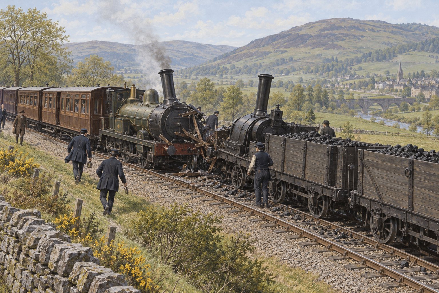 Interpretive scene of an early railway train at Galashiels around 1850