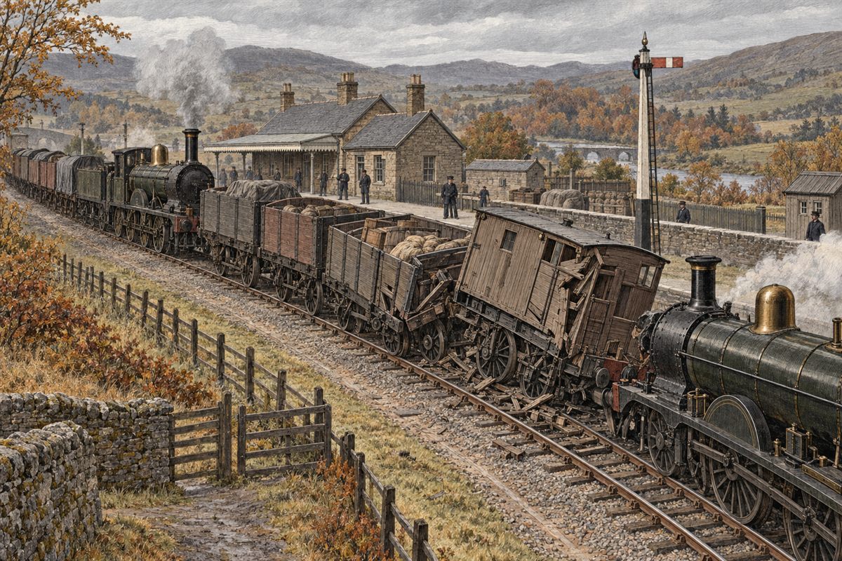 Illustrated reconstruction of the reported 1858 goods-train collision at Heriot