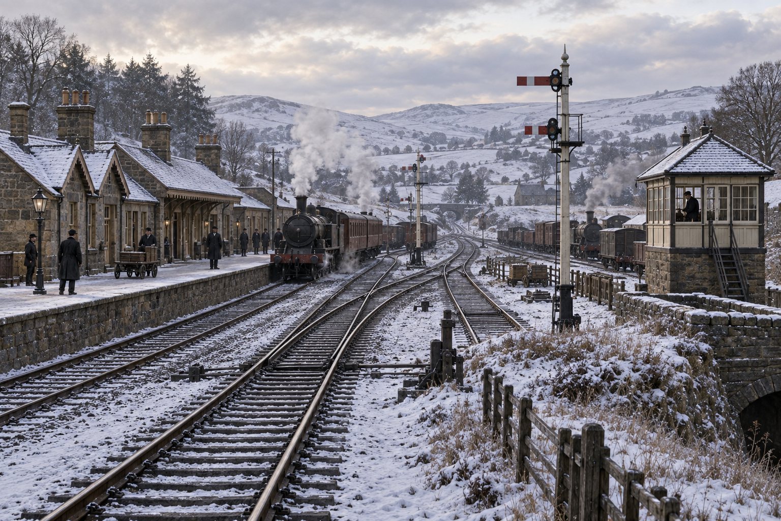 Setting-only illustration of a mid-Victorian Riccarton Junction in winter