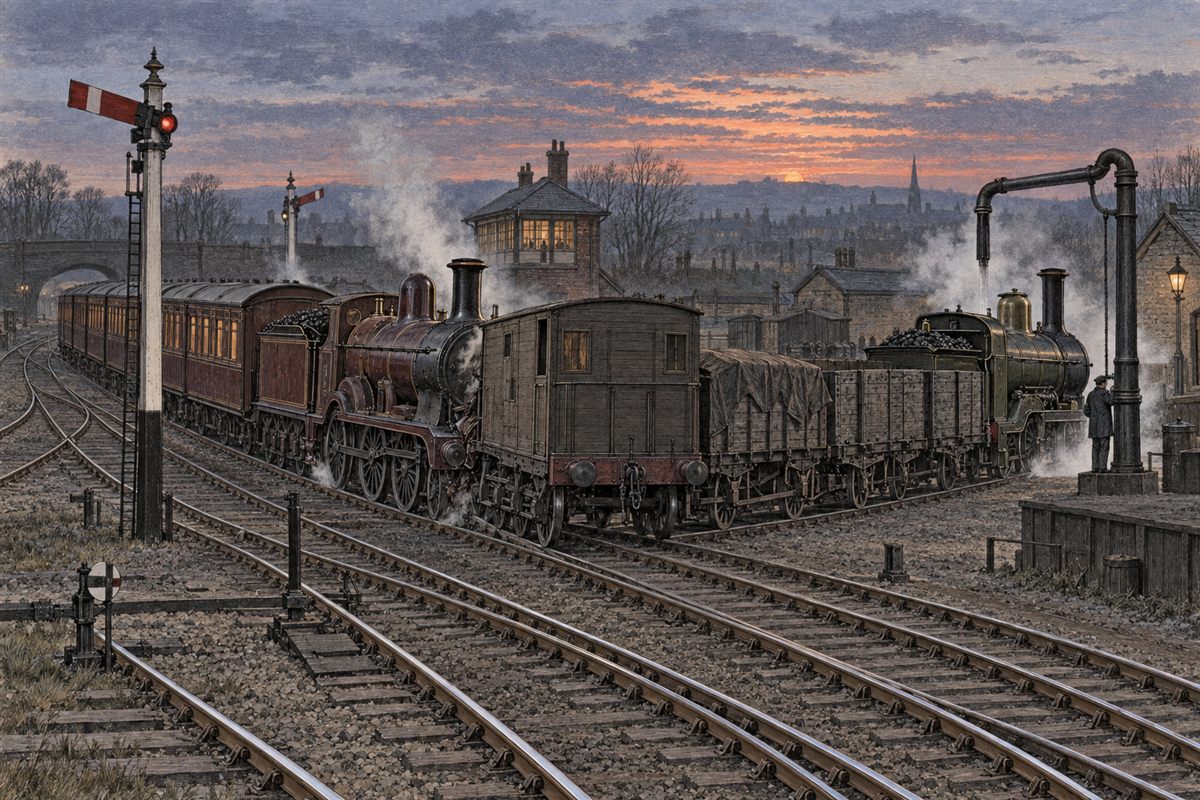 Illustrated reconstruction of the reported 1879 rear collision at Riccarton Junction