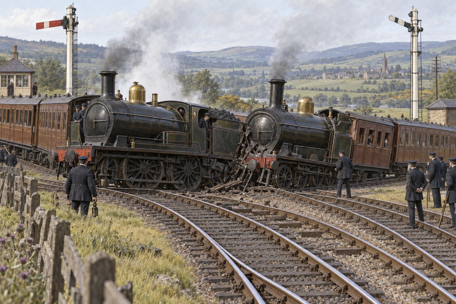 Illustrated reconstruction of the reported 1880 sidelong passenger train collision at Kelso Junction