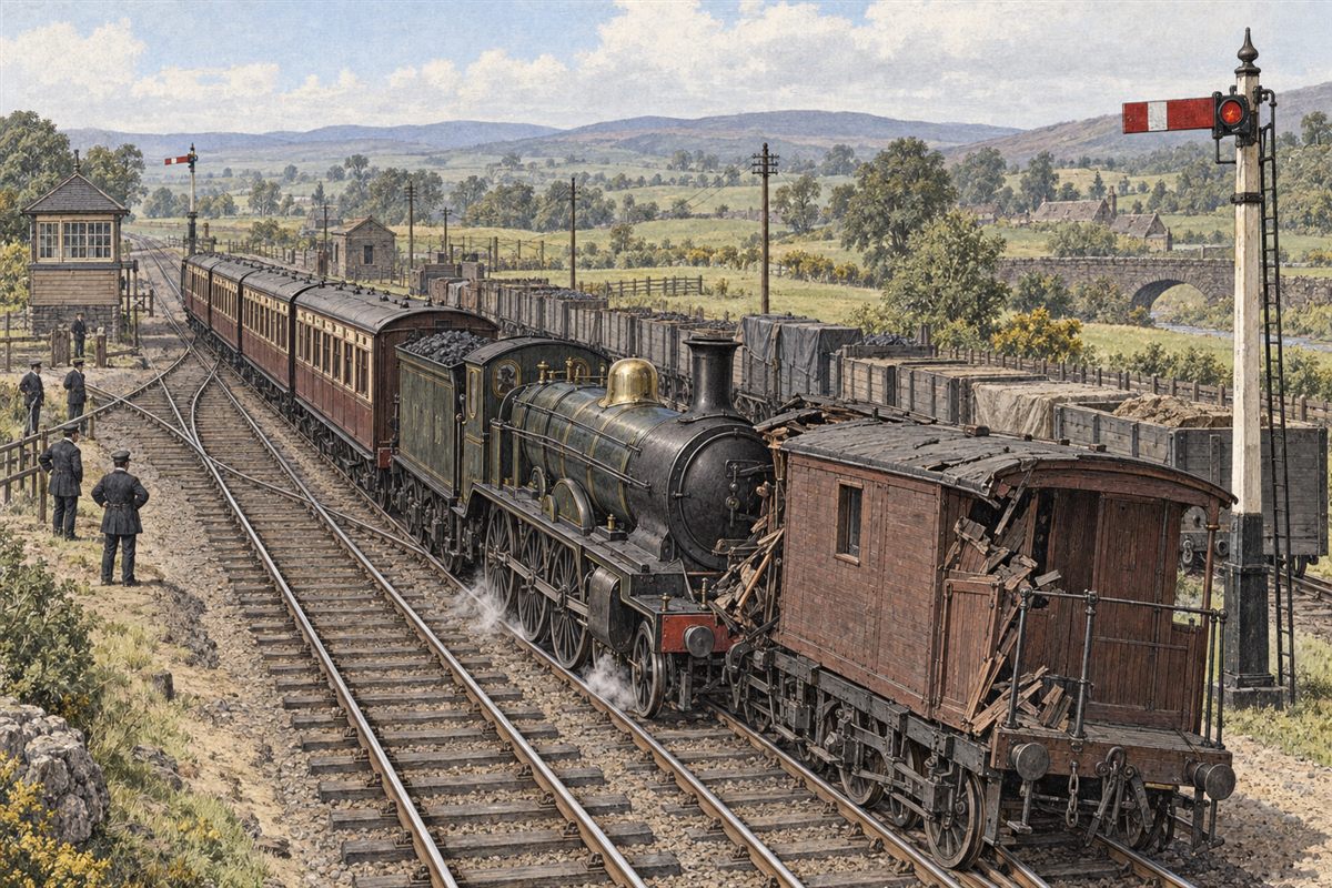 Illustrated reconstruction of the reported 1880 rear collision at Riddings Junction