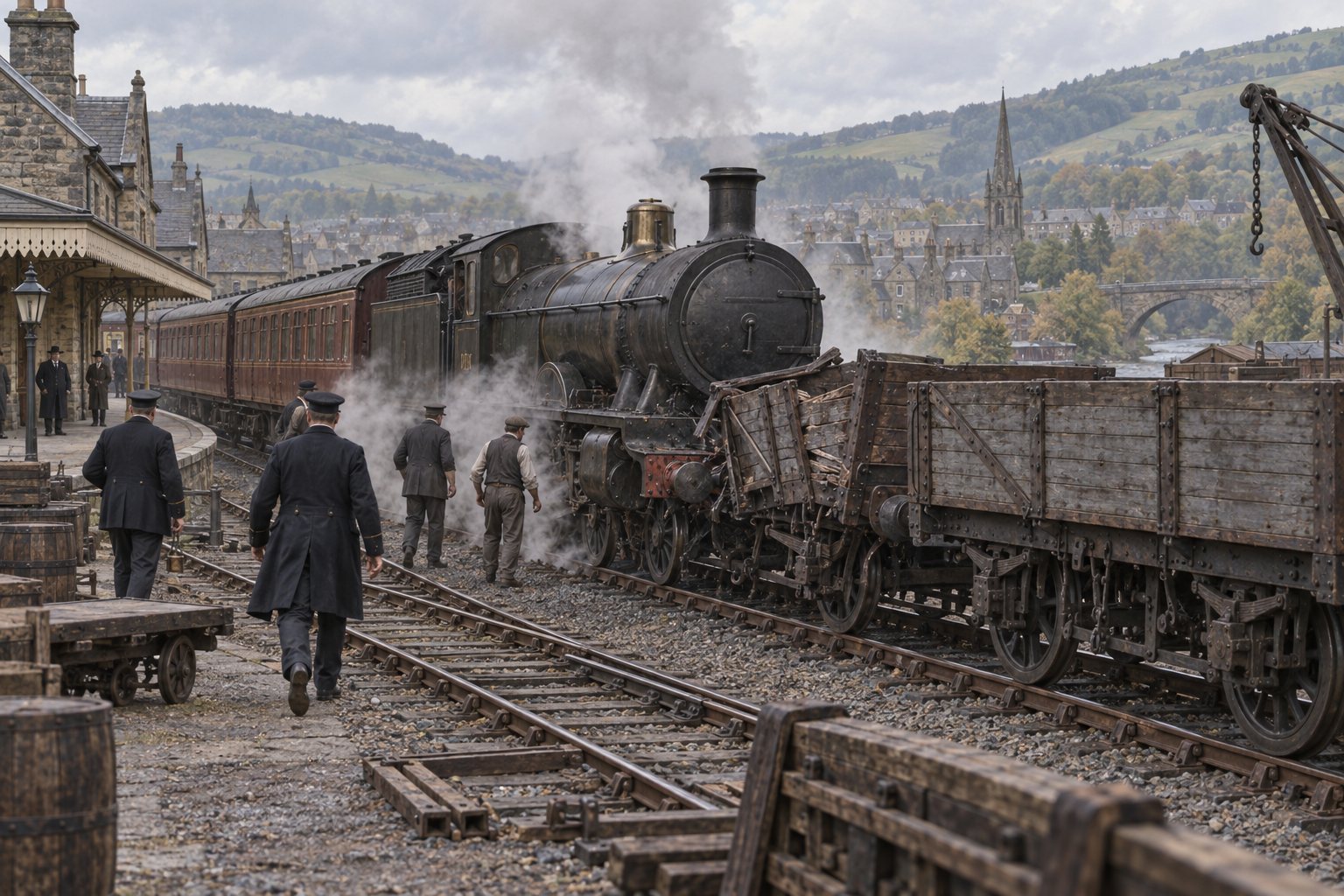 Illustrated reconstruction of the reported 1899 passenger train collision with empty trucks at Galashiels