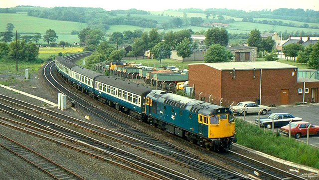 A passenger train approaching the converging tracks at Inverkeithing junction